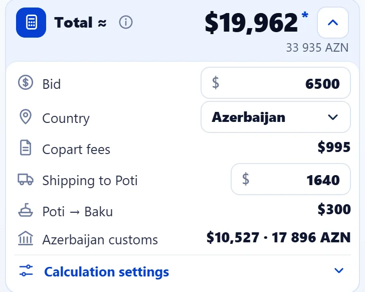 Azərbaycan üçün qiymətin təhlili: təklif, haqlar, Potiyə çatdırılma, Poti → Bakı və gömrük; yekun dollarla və manatla.