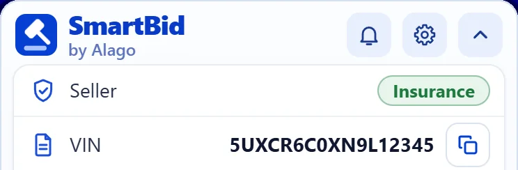 Lot səhifəsində SmartBid kartı: satıcı «Sığorta» və kopyalama düyməsi olan tam VIN.