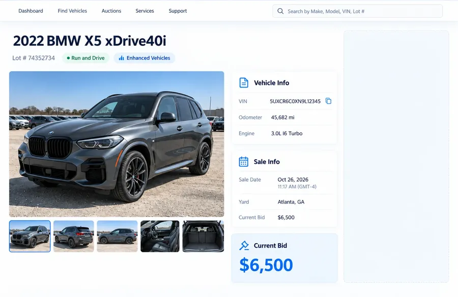Приклад сторінки лота: BMW X5 xDrive40i 2022, фото автомобіля, VIN, пробіг, двигун, майданчик Atlanta та поточна ставка $6 500. Праворуч картка SmartBid.